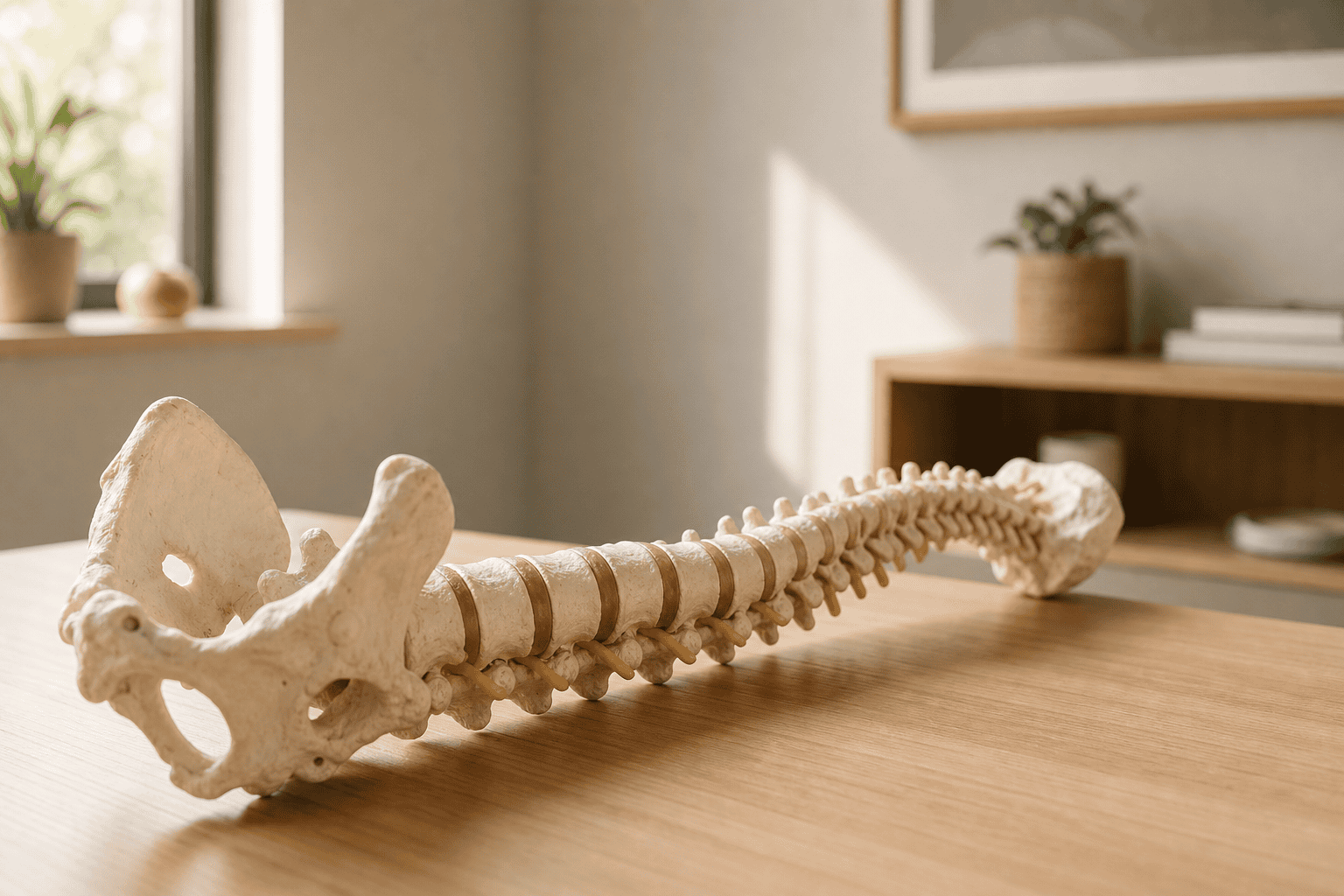 Anatomical spine model on a clinical desk with soft natural light, showing intervertebral discs in detail