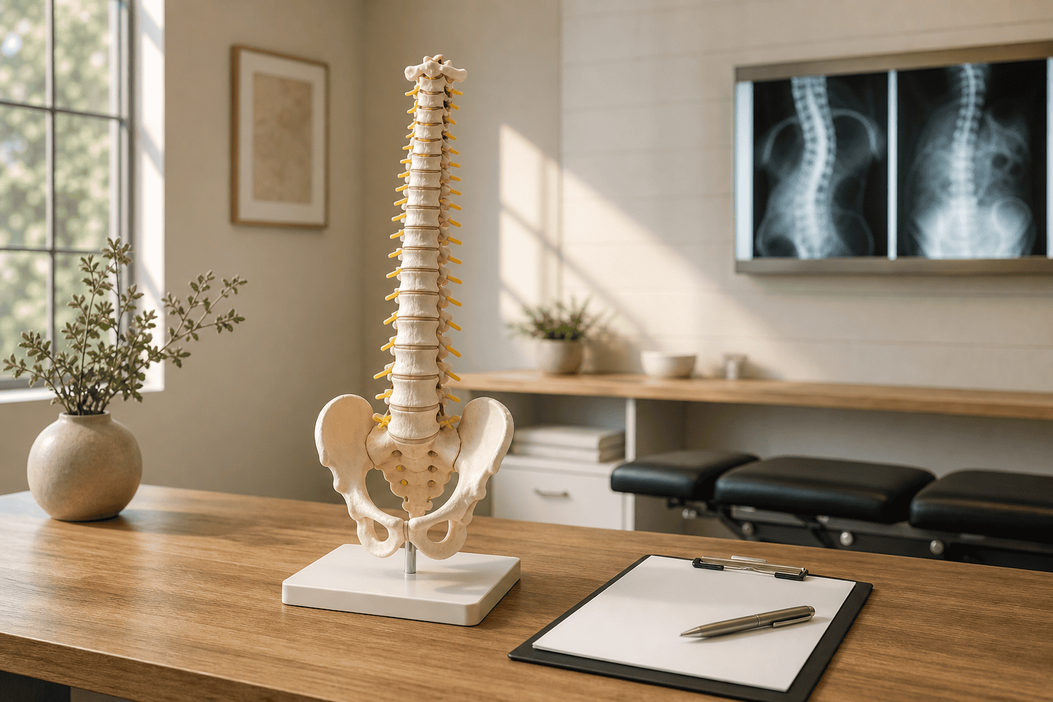 Anatomical spine model on a clinical desk beside a clipboard and pen in a quiet chiropractic office