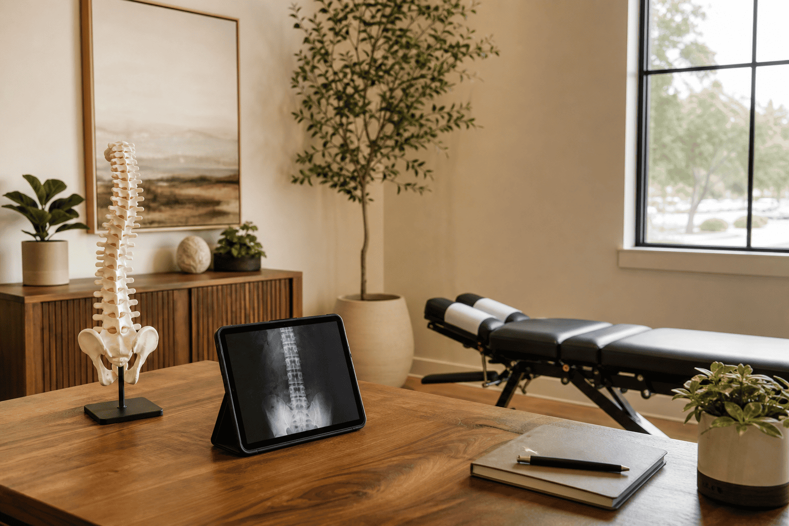 Patient consulting with a chiropractor about spinal decompression treatment options in a calm clinic setting