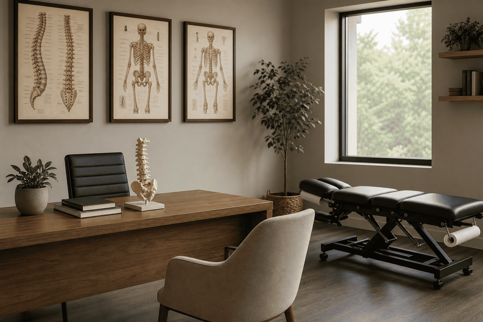 Empty chiropractic treatment room with a padded table, soft lighting, and anatomical spine model on a nearby desk