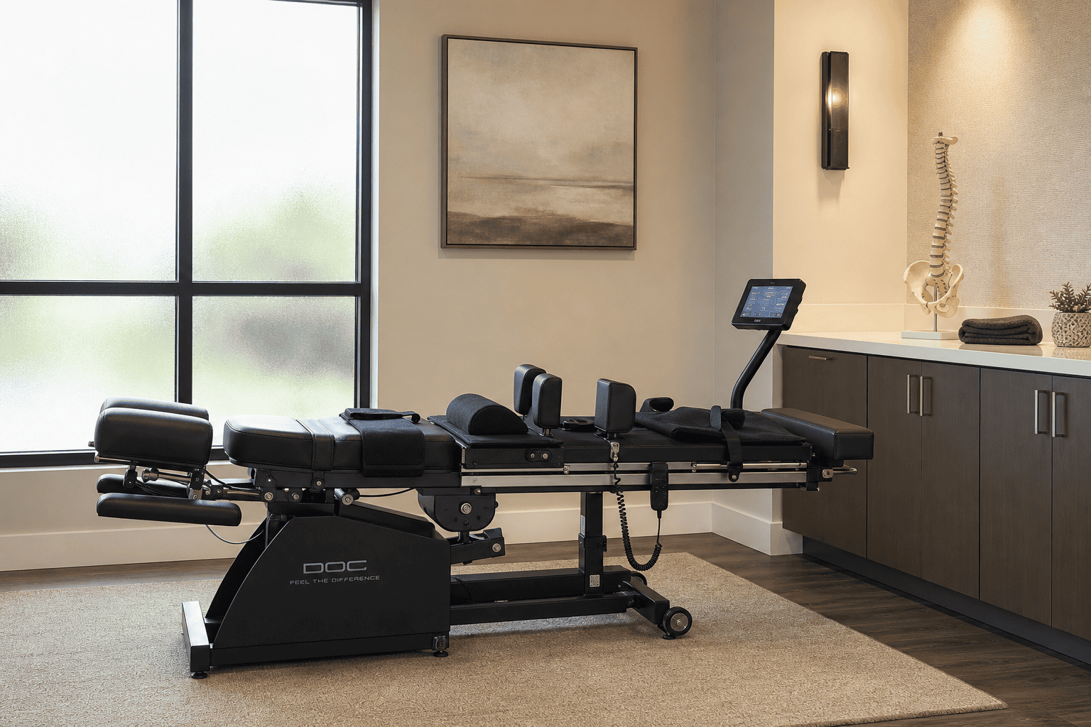 A modern spinal decompression table in a quiet, softly lit treatment room at a chiropractic clinic
