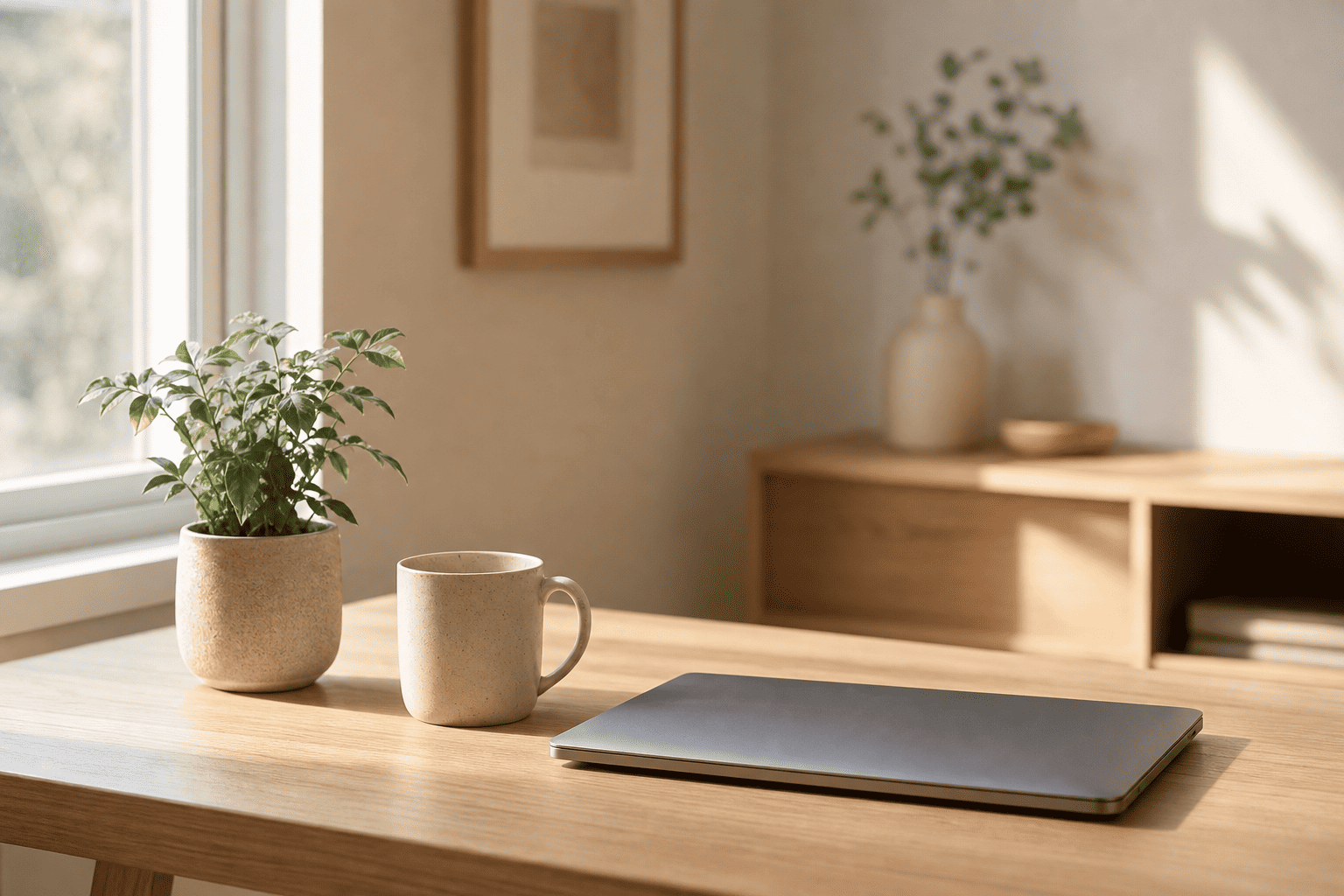 Empty ergonomic office desk with a chair, laptop, and coffee mug in a quiet workspace with warm morning light