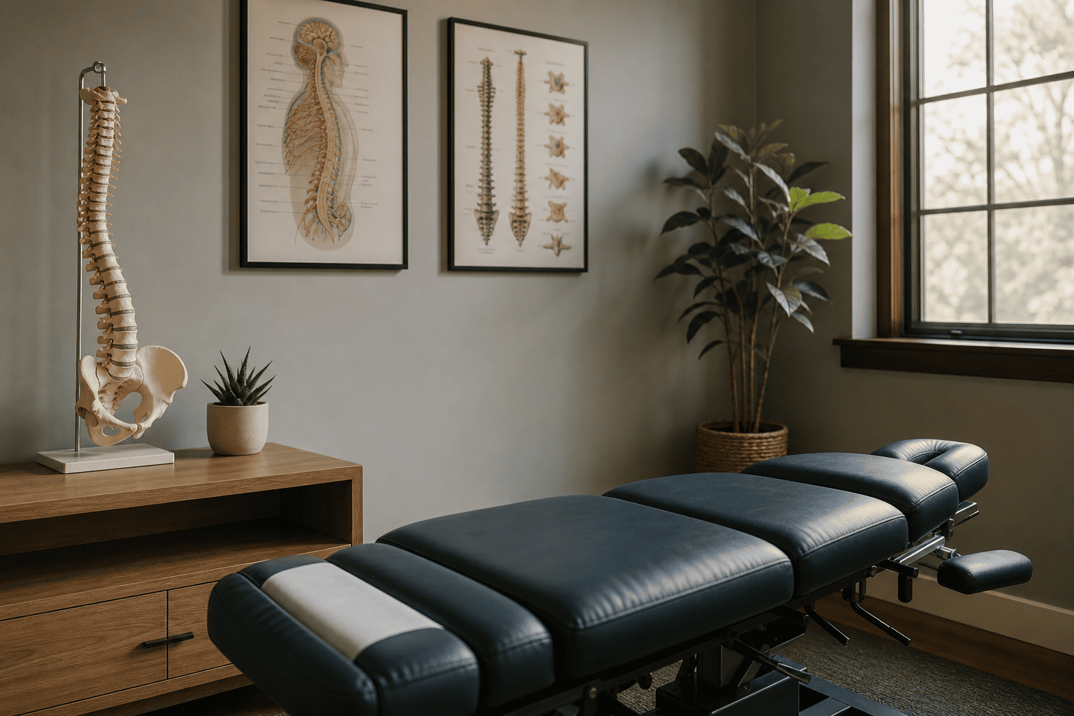 A modern chiropractic treatment room with a spinal decompression table, soft lighting, and a tidy desk with anatomical spine model
