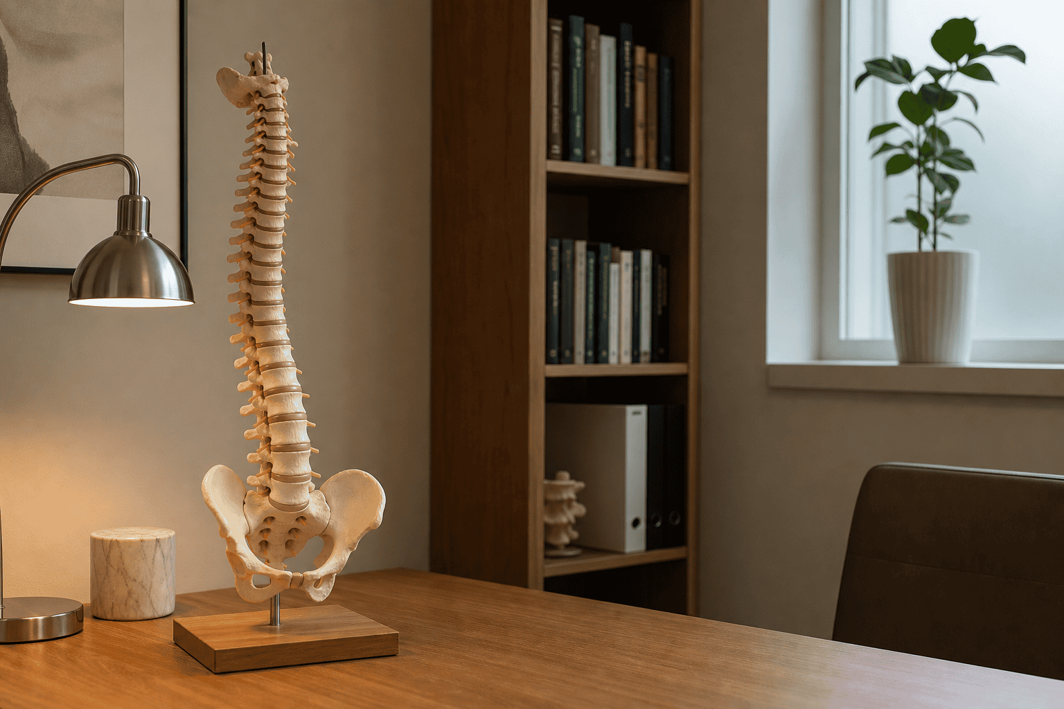 A clean chiropractic treatment room in Denton, Texas with an adjusting table, soft lighting, and anatomical spine model on a desk