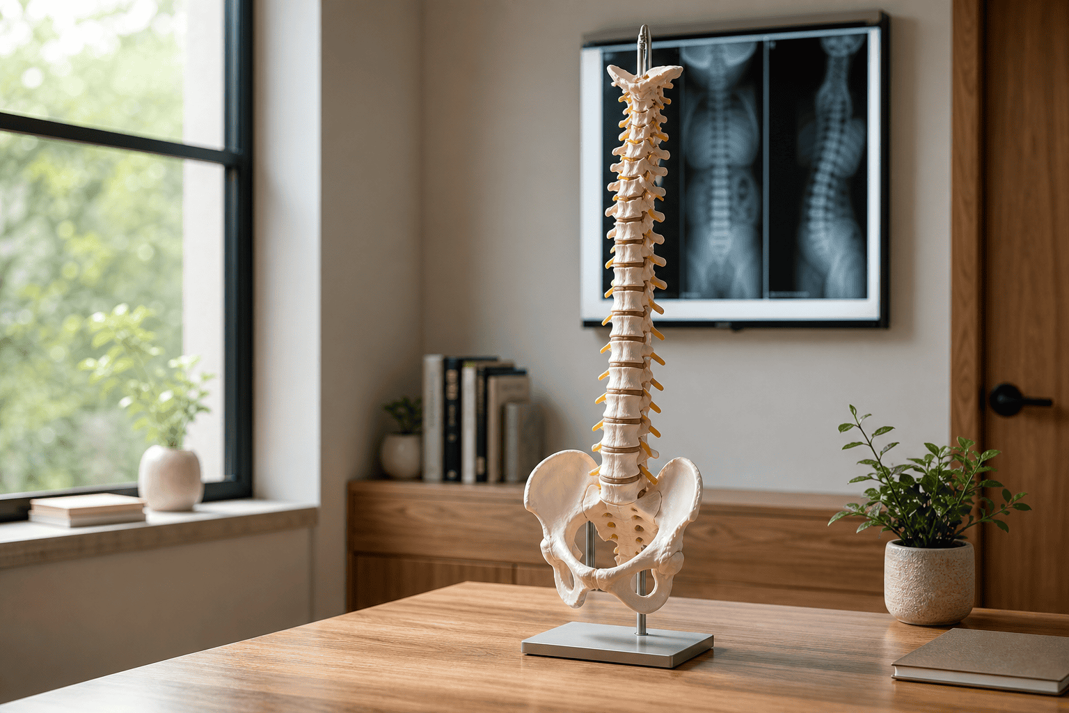 Anatomical spine model on a desk in a quiet chiropractic office with soft natural light